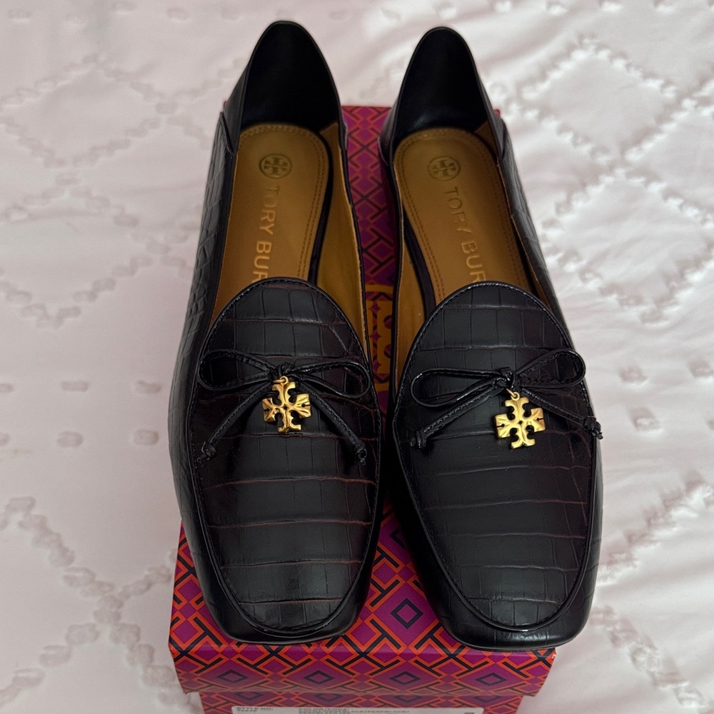 Tory Burch Croc-Embossed Loafers with Gold Accent
